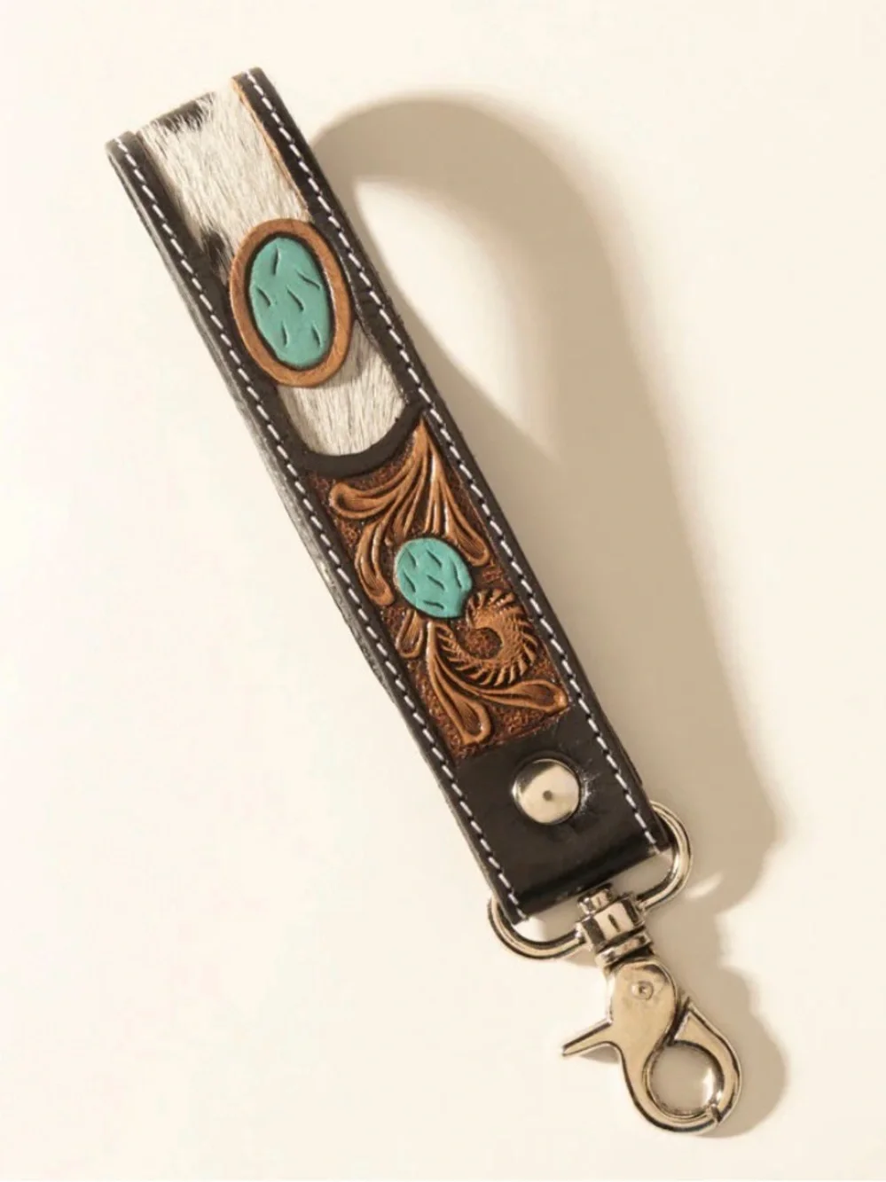 MYRA TALLIN BLOOM HANDTOOLED LEATHER KEYFOB IN SADDLE SKY - Picture 1 of 4